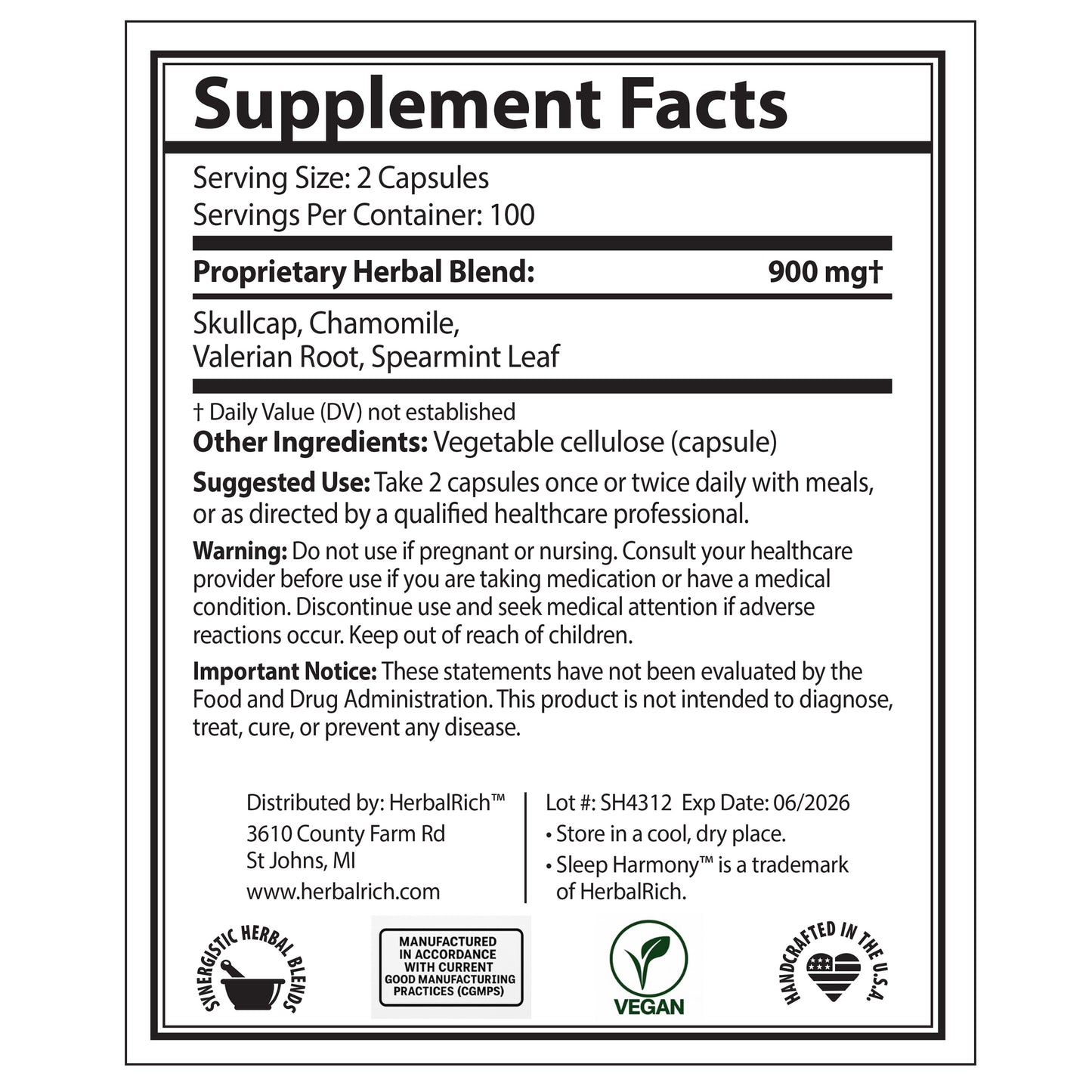 Sleep Harmony™ Gentle Herbal Sleep Support – Calms the Mind, Soothes the Body, Encourages Restful Sleep, Botanical Capsules